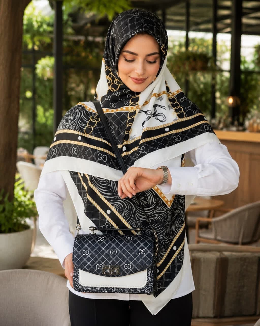 ست کیف و روسری زنانه طرح جدید گوچی پاپیون رنگ مشکی کیفیت عالی کد mo839