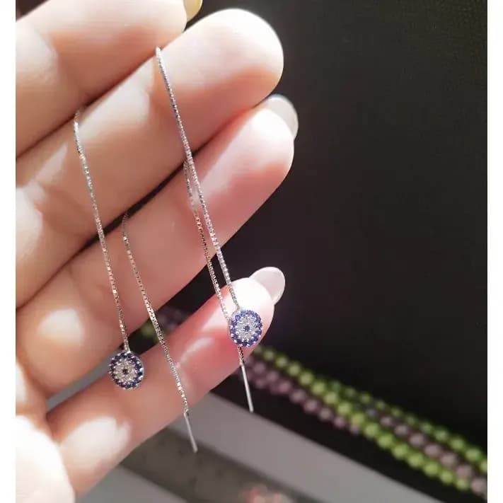 گوشواره نقره بخیه طرح چشم نظر عیار 925 با روکش طلا سفید — تصویر ۳