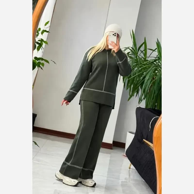 ست بافت زنانه خطی مهرو جنس بافت اعلا گرم بالا سایز 38 تا 48 — تصویر ۷