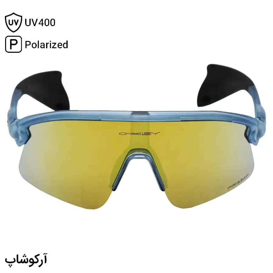 عینک ورزشی اوکلی طرح Stunt Devil با فریم آبی مات، نیم فریم و لنز جیوه‌ای و طلایی و پلاریزه مدل OO9517 — تصویر ۲