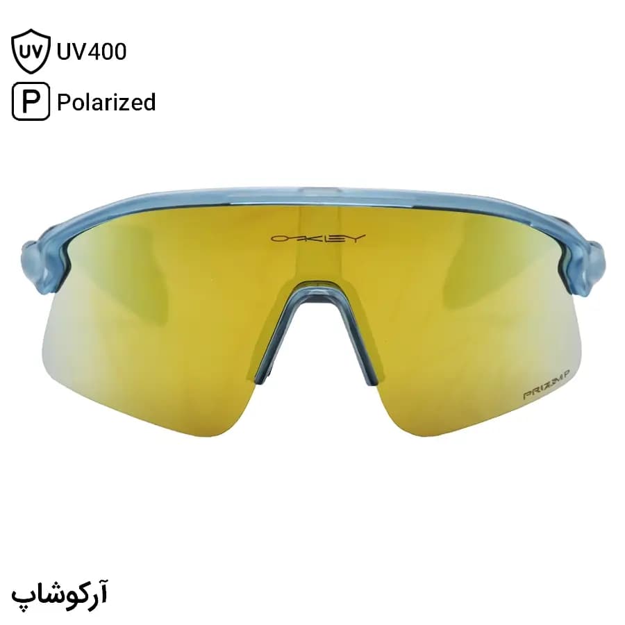 عینک ورزشی اوکلی طرح Stunt Devil با فریم آبی مات، نیم فریم و لنز جیوه‌ای و طلایی و پلاریزه مدل OO9517 — تصویر ۳