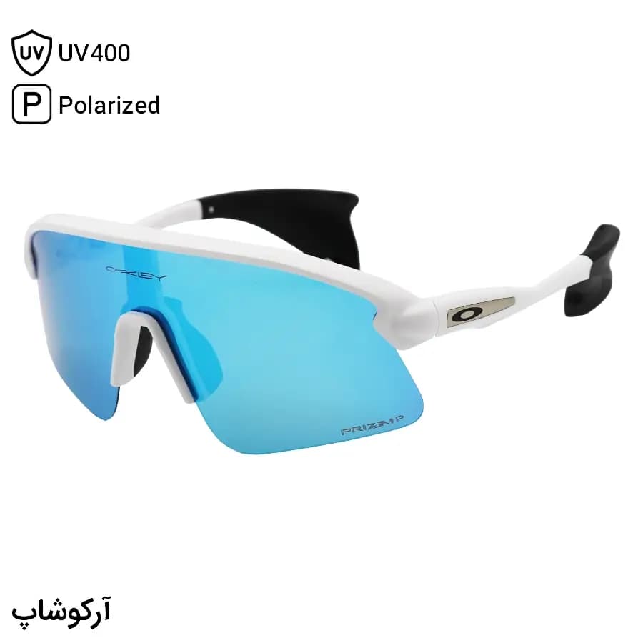 عینک ورزشی OAKLEY طرح Stunt Devil با فریم سفید مات، نیم فریم و لنز جیوهای و آبی و پلاریزه مدل OO9517