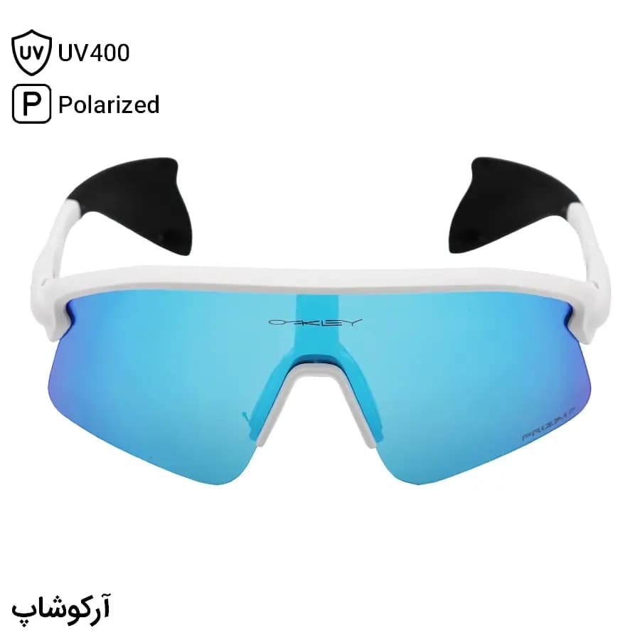 عینک ورزشی OAKLEY طرح Stunt Devil با فریم سفید مات، نیم فریم و لنز جیوهای و آبی و پلاریزه مدل OO9517 — تصویر ۲