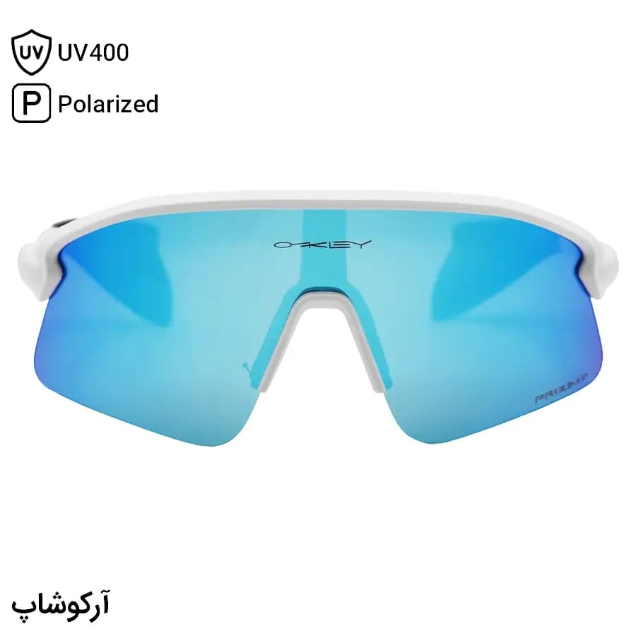 عینک ورزشی OAKLEY طرح Stunt Devil با فریم سفید مات، نیم فریم و لنز جیوهای و آبی و پلاریزه مدل OO9517 — تصویر ۳