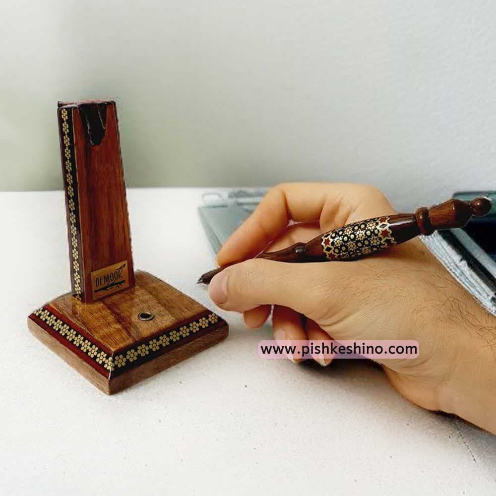 خودکار چوبی خاتم کاری شده نفیس طرح ستاره از چوب گردو و راش — تصویر ۷