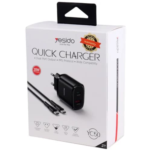 شارژر دیواری 20 وات یسیدو YC50 QC3.0 PD 3A + کابل تبدیل تایپ سی — تصویر ۸