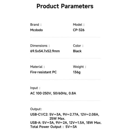 شارژر دیواری 25 وات مک دودو CP-326 PD 3A + کابل تبدیل تایپ سی — تصویر ۷