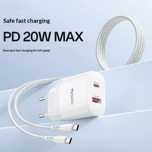 شارژر دیواری 20 وات یسیدو YC106 GaN QC PD 3A + کابل تبدیل تایپ سی — تصویر ۳