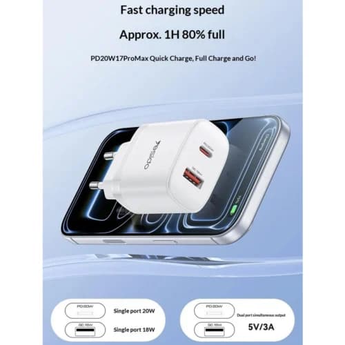 شارژر دیواری 20 وات یسیدو YC106 GaN QC PD 3A + کابل تبدیل تایپ سی — تصویر ۵