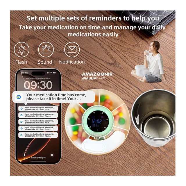 جعبه قرص هوشمند هفتگی برند Micflip مدل P01-S03 با یادآور و ردیاب اپل — تصویر ۴