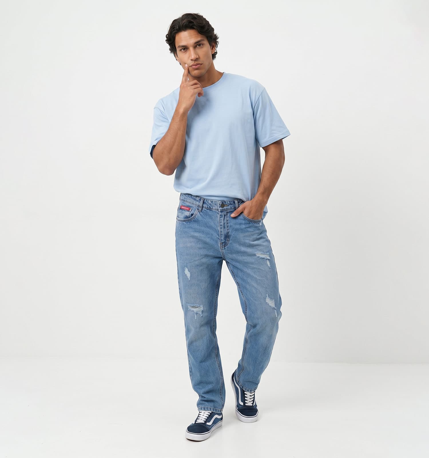 شلوار مردانه مام فیت ساده جین آبی یخی Zara کد 50335 — تصویر ۲