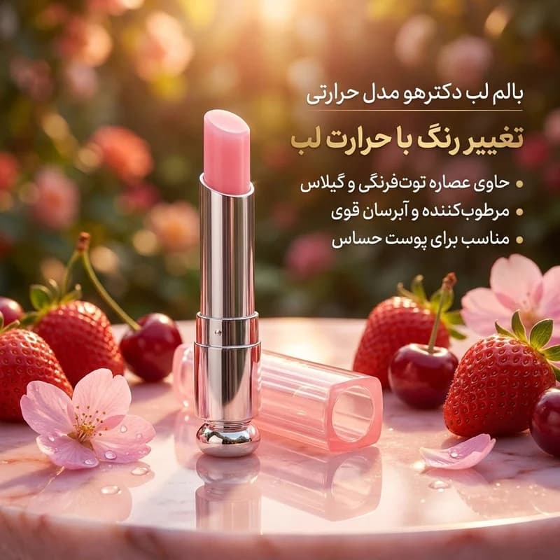 بالم لب دکتر هو مدل حرارتی با رنگ صورتی کم رنگ، مرطوب‌کننده، آبرسان و ضد حساسیت، دارای گلیسیرین و عصاره توت‌فرنگی و گیلاس — تصویر ۲