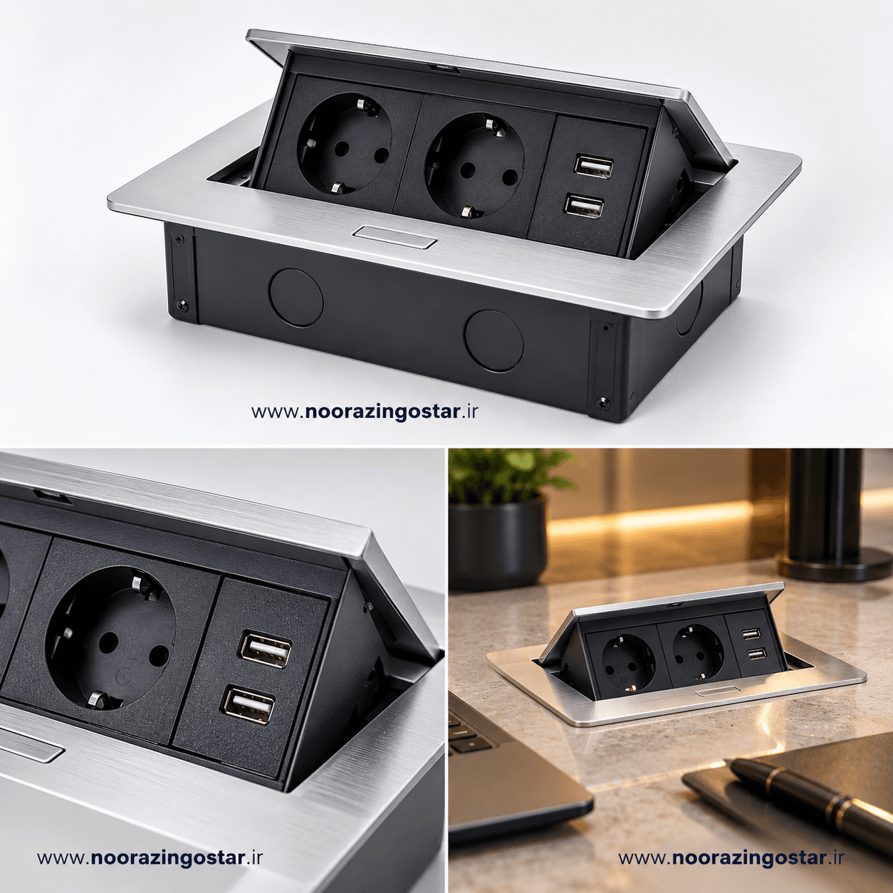 پریز کابینتی ملونی – 10017 سیلور//Melloni 10017 Silver Built-in Socket with USB
