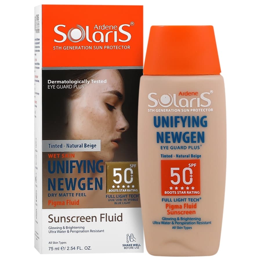 فلوئید ضدآفتاب رنگی آردن سولاریس +SPF50 مدل Unifying Newgen مناسب انواع پوست، حجم 75 میلی‌لیتر (بژ طبیعی)
