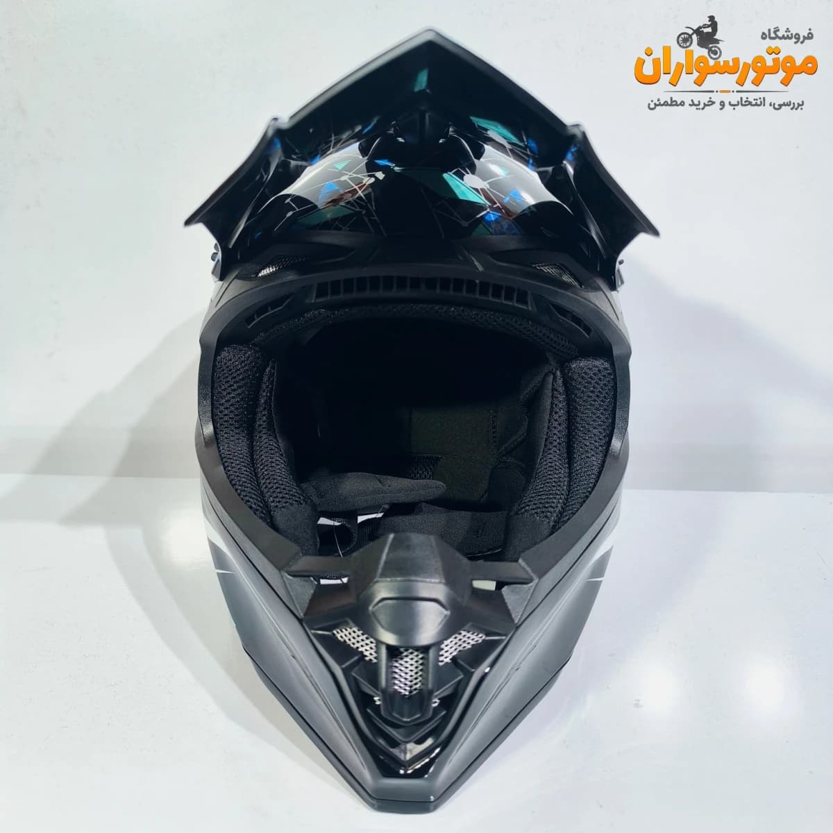 کلاه کاسکت کراسی طرح‌دار مشکی آبی تکنو TEKNO — تصویر ۶
