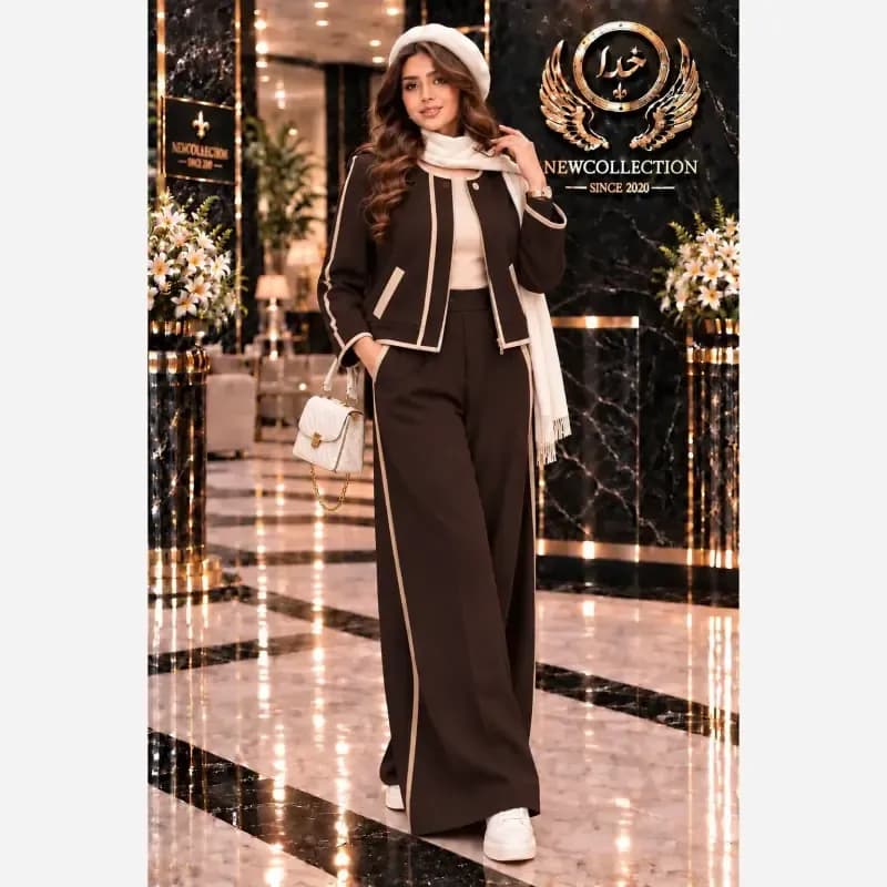ست سویشرت و شلوار زنانه جنس سوپر مازراتی گرم بالا رنگ بندی مشکی قهوه ای سرمه ای فری سایز 38 تا 46 — تصویر ۷