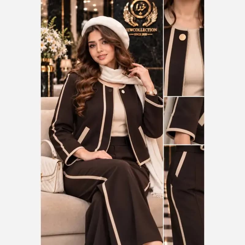 ست سویشرت و شلوار زنانه جنس سوپر مازراتی گرم بالا رنگ بندی مشکی قهوه ای سرمه ای فری سایز 38 تا 46 — تصویر ۵