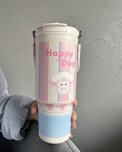 تراول ماگ و تامبلر فانتزی Happy day| حجم 900 میلی لیتر بدنه استیل دو‌ جداره — تصویر ۳