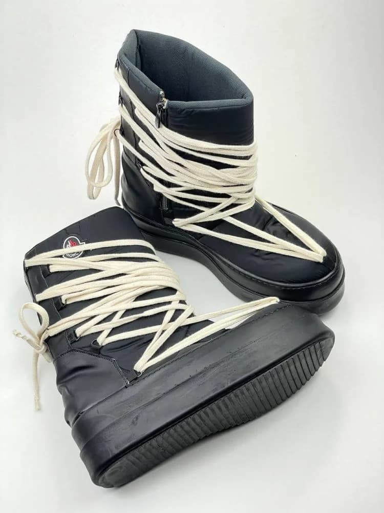 کد 3306 ریک اونز RICK OWENS مونکلر MONCLER بوت پر بند برزنت و چرم مشکی زیره مشکی — تصویر ۷