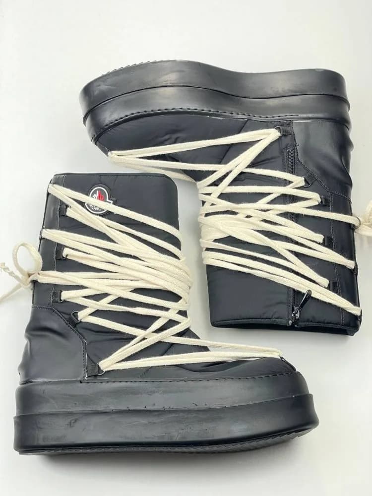 کد 3306 ریک اونز RICK OWENS مونکلر MONCLER بوت پر بند برزنت و چرم مشکی زیره مشکی — تصویر ۶