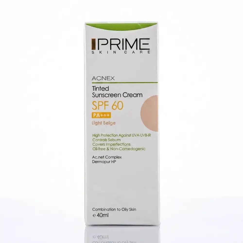کرم ضد آفتاب SPF 60 رنگی پرایم (PRIME) مدل Acnex بژ روشن (Light Beige)، فاقد چربی و ضد جوش حجم 40 میلی لیتری