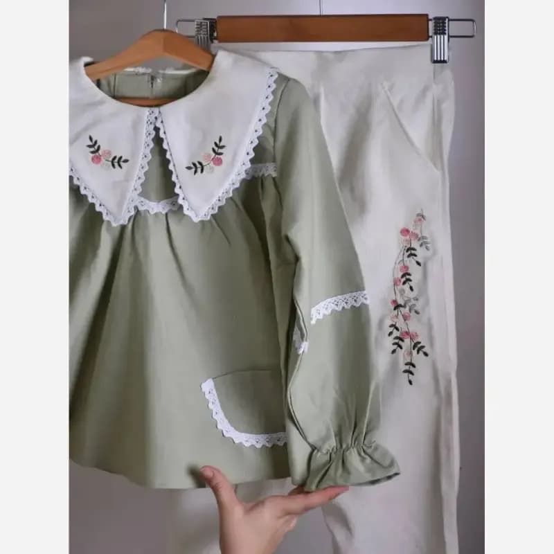 ست شومیز و شلوار دخترانه کتان کجراه بهاری گلدوزی شده — تصویر ۶