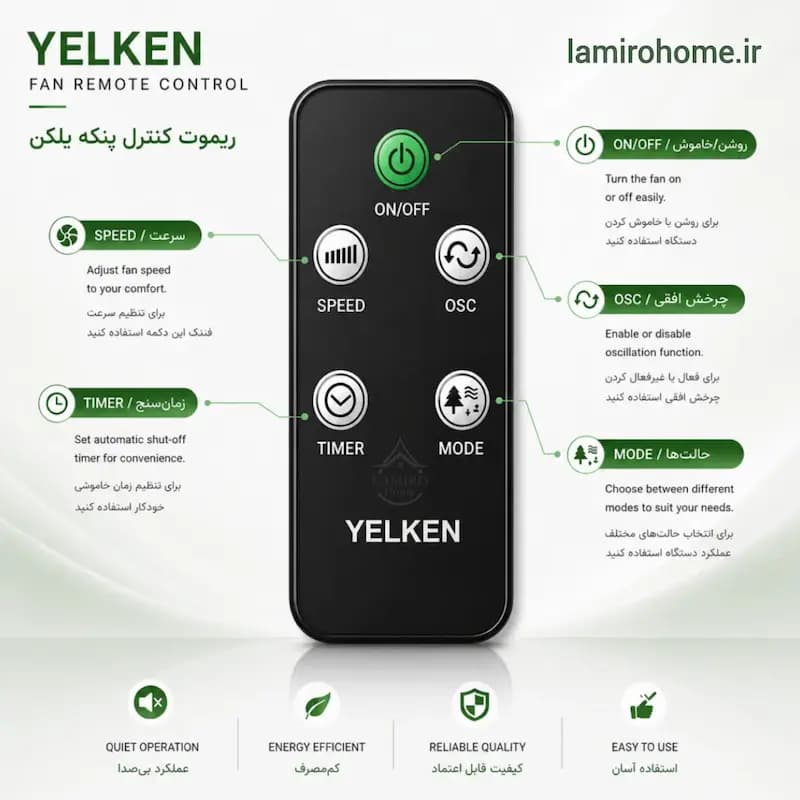 پنکه سه حالته یلکن Y-7010 با ریموت | پنکه ۱۸ اینچ — تصویر ۲