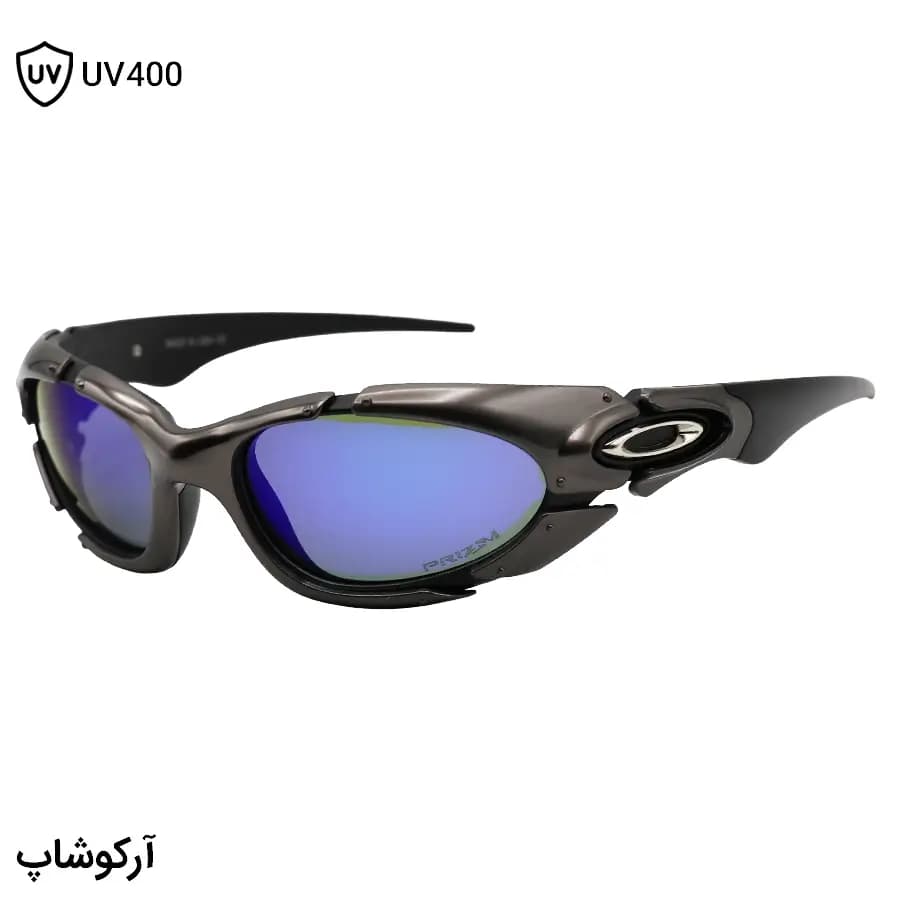 عینک اوکلی طرح Plate با فریم نوک مدادی براق، شکل بیضی، بیسدار و لنز جیوهای و آبی رنگ مدل 9367
