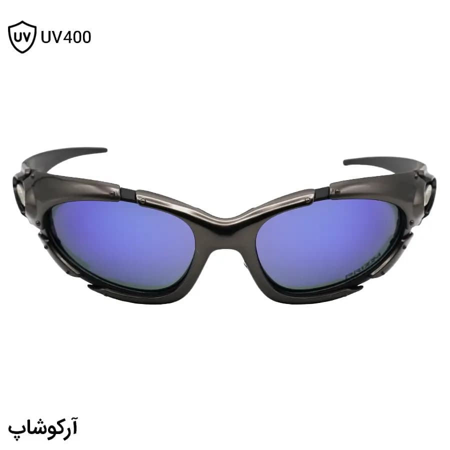 عینک اوکلی طرح Plate با فریم نوک مدادی براق، شکل بیضی، بیس‌دار و لنز جیوه‌ای و آبی رنگ مدل 9367 — تصویر ۳