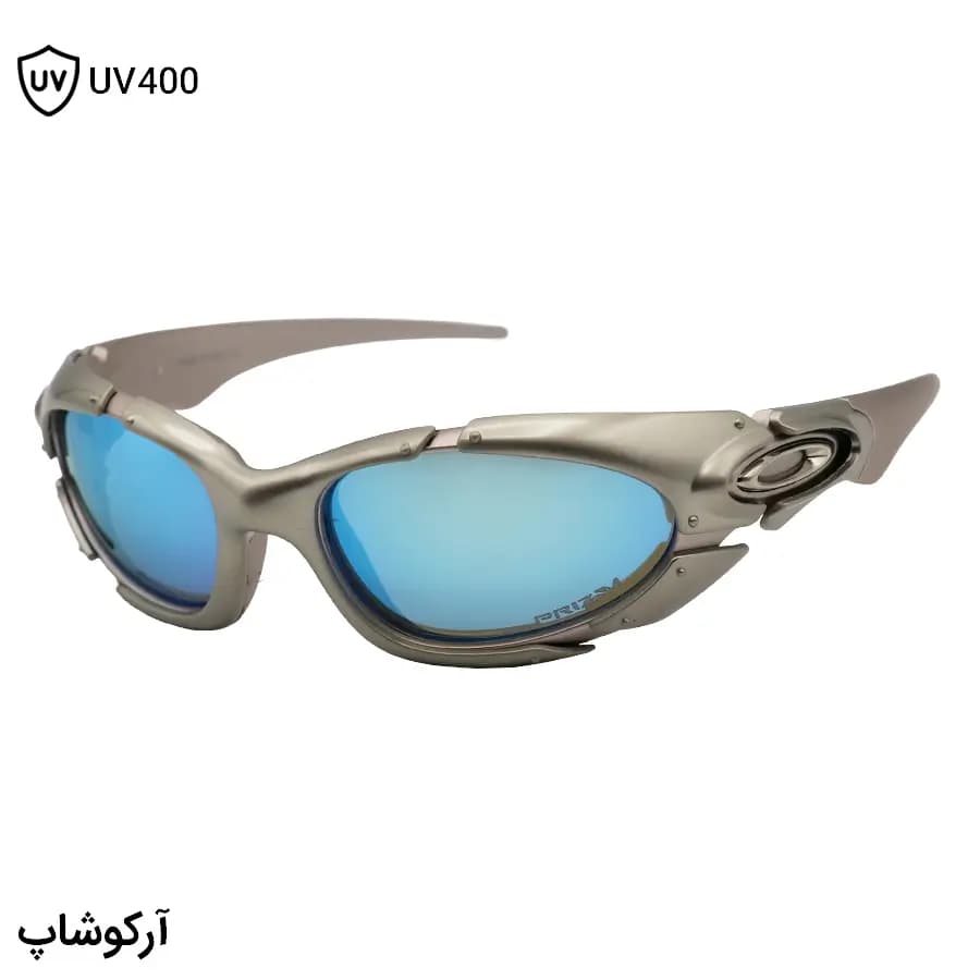 عینک OAKLEY طرح Plate با فریم نقره‌ای براق، شکل بیضی، بیس‌دار و لنز جیوه‌ای و آبی رنگ مدل 9367