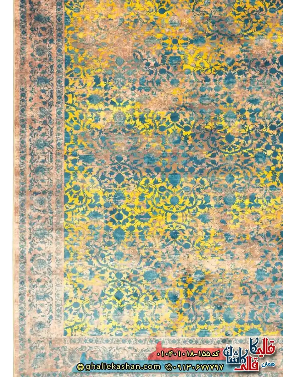 فرش وینتیج 1000 شانه طرح افشان فیروزگل رنگ قهوه ای نسکافه ای زرد کاشان — تصویر ۳