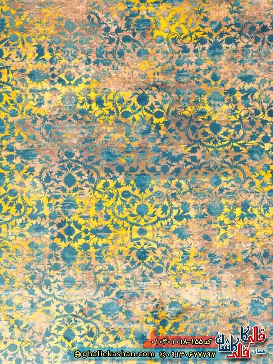 فرش وینتیج 1000 شانه طرح افشان فیروزگل رنگ قهوه ای نسکافه ای زرد کاشان — تصویر ۴
