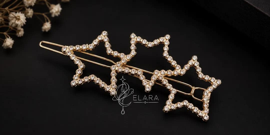 گیره مو فلزی طرح سه ستاره نگین‌دار P304 | طول ۷ سانت | الارا