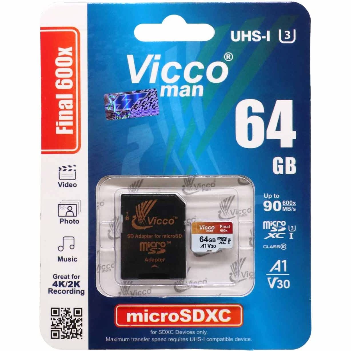 کارت حافظه ویکومن مدل 600X ظرفیت ۶۴ گیگابایت استاندارد UHS-I U3 کلاس ۱۰ با سرعت ۹۰MBps