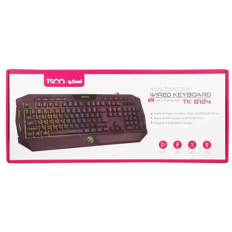 کیبورد گیمینگ تسکو مدل TK 8124 با سوییچ ممبران، Full Size، نورپردازی صفحه کلید RGB، پایه‌های قابل تنظیم، حروف حک شده فارسی — تصویر ۳
