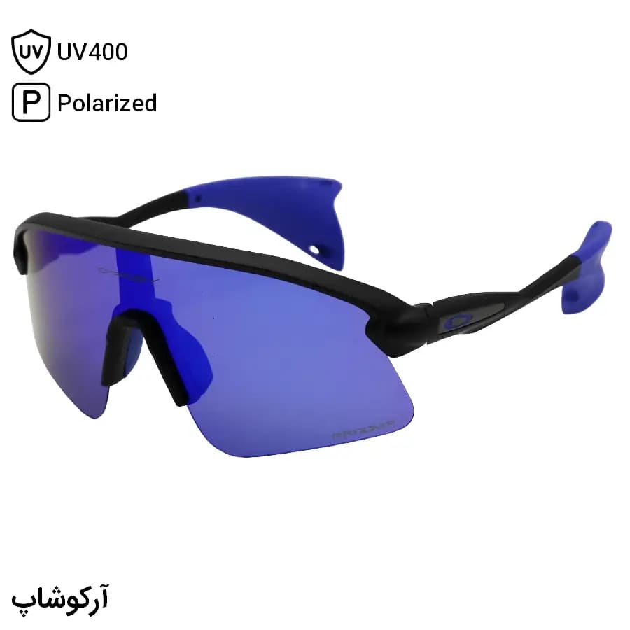 عینک ورزشی اوکلی طرح Stunt Devil با فریم مشکی مات، نیم فریم و لنز جیوه‌ای و آبی و پلاریزه مدل OO9517