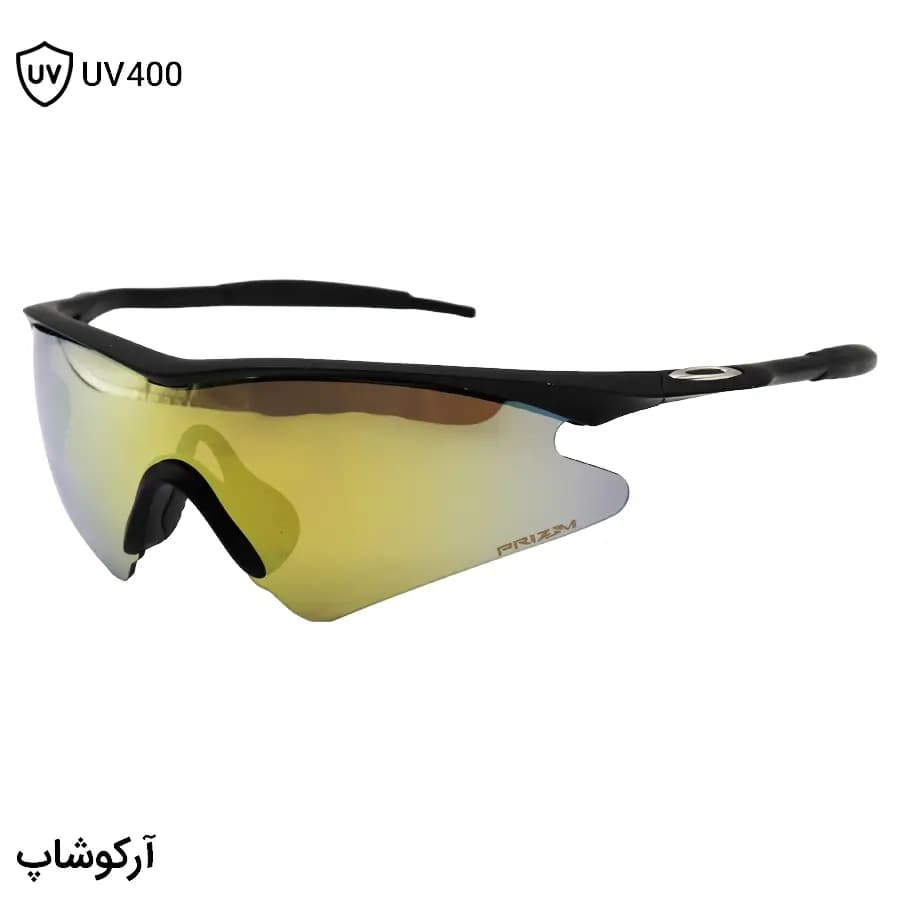 عینک ورزشی اوکلی طرح M Frame با فریم مشکی مات، نیم فریم و لنز جیوه‌ای و طلایی رنگ مدل OO9060