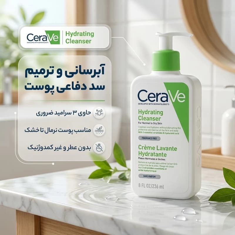 شوینده آبرسان سراوی مناسب پوست نرمال تا خشک CeraVe Hydrating Cleanser | حجم ۲۳۶ میلی‌لیتر — تصویر ۲