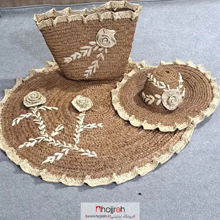 ست سه عددی کلاه ساک و سفره حصیری قهوه ای گل دار کد SNV159