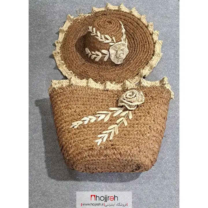 ست کلاه و ساک حصیری قهوه ای گل دار کد SNV158