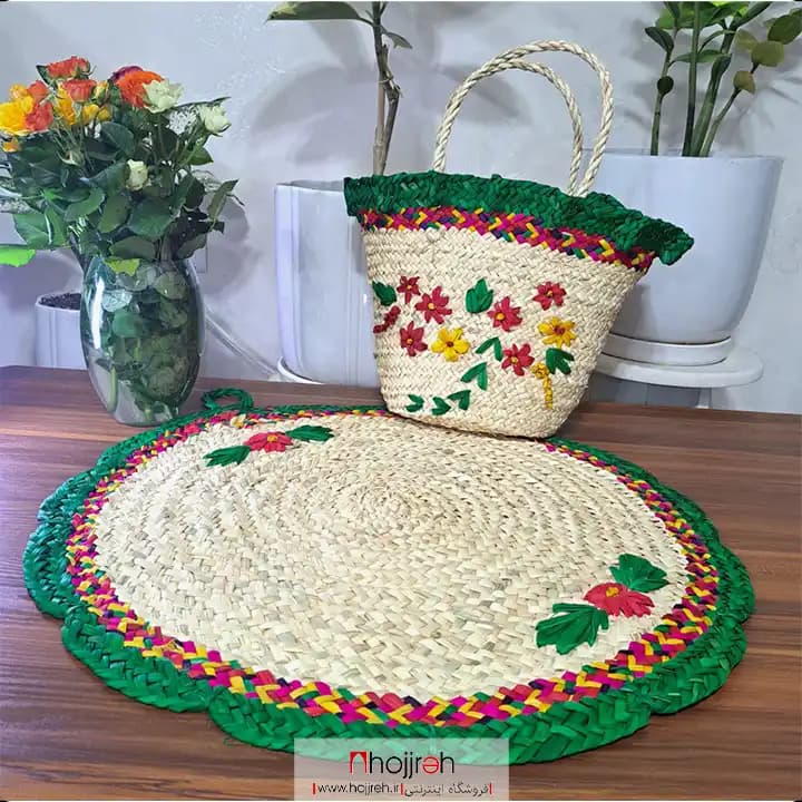 ست سفره و ساک حصیری گلدار بچگانه دور سبز کد SNV124
