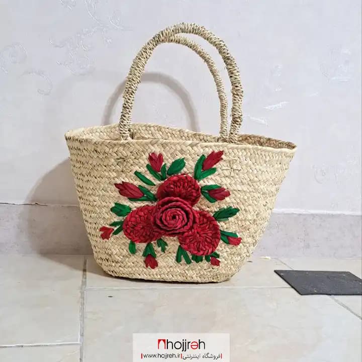 ساک حصیری دسته فنری سایز بزرگ گل دار کد SNV115