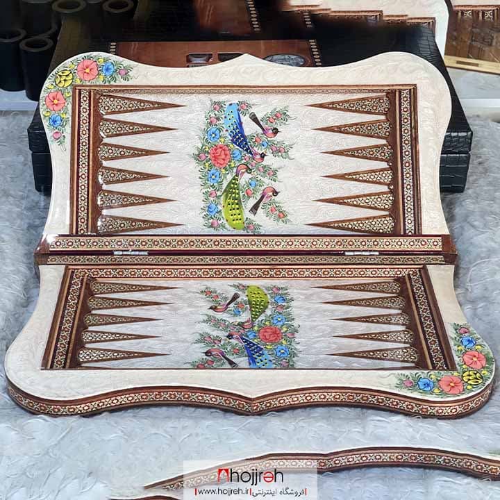تخته نرد و شطرنج خاتم دالبری طرح نقاشی گل و مرغ صدفی کد TNS578 — تصویر ۲
