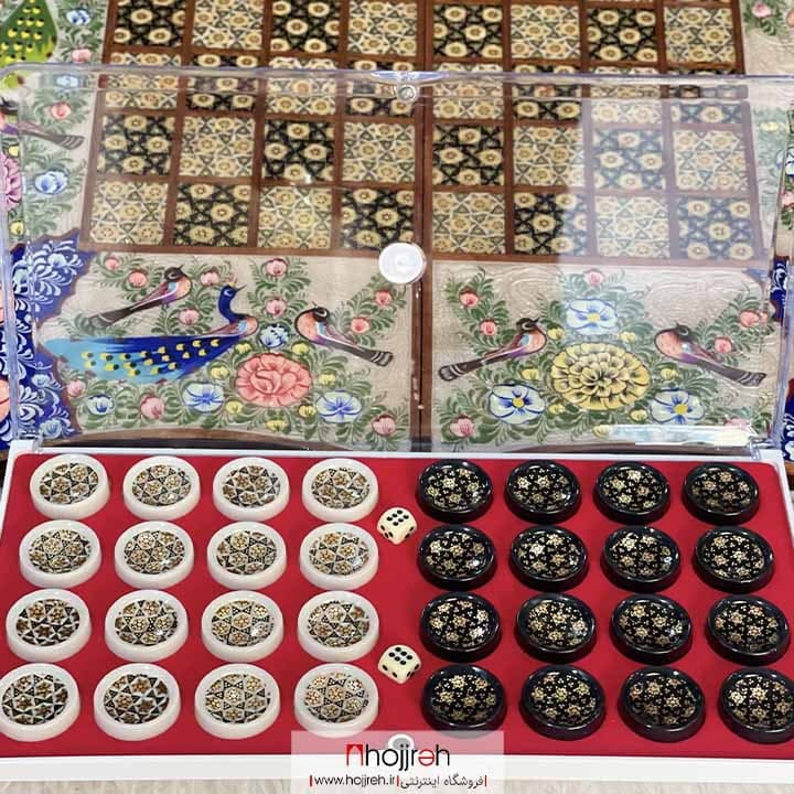 تخته نرد و شطرنج خاتم دالبری طرح نقاشی گل و مرغ صدفی کد TNS578 — تصویر ۴