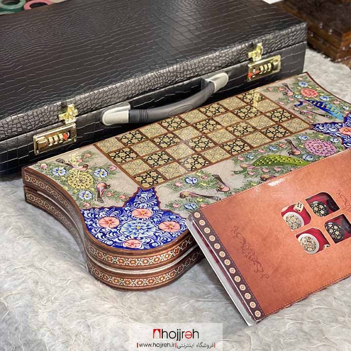 تخته نرد و شطرنج خاتم دالبری طرح نقاشی گل و مرغ صدفی کد TNS578 — تصویر ۵
