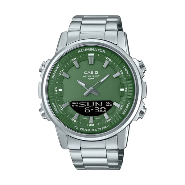 ساعت مچی مردانه Casio AMW‑880D نقره ای سبز (دو زمانه بند استیل)