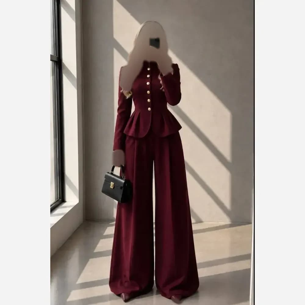 کت و شلوار زنانه سرمه ای جنس مازراتی اعلا سایز 36 تا 46 قد شلوار 112 — تصویر ۴