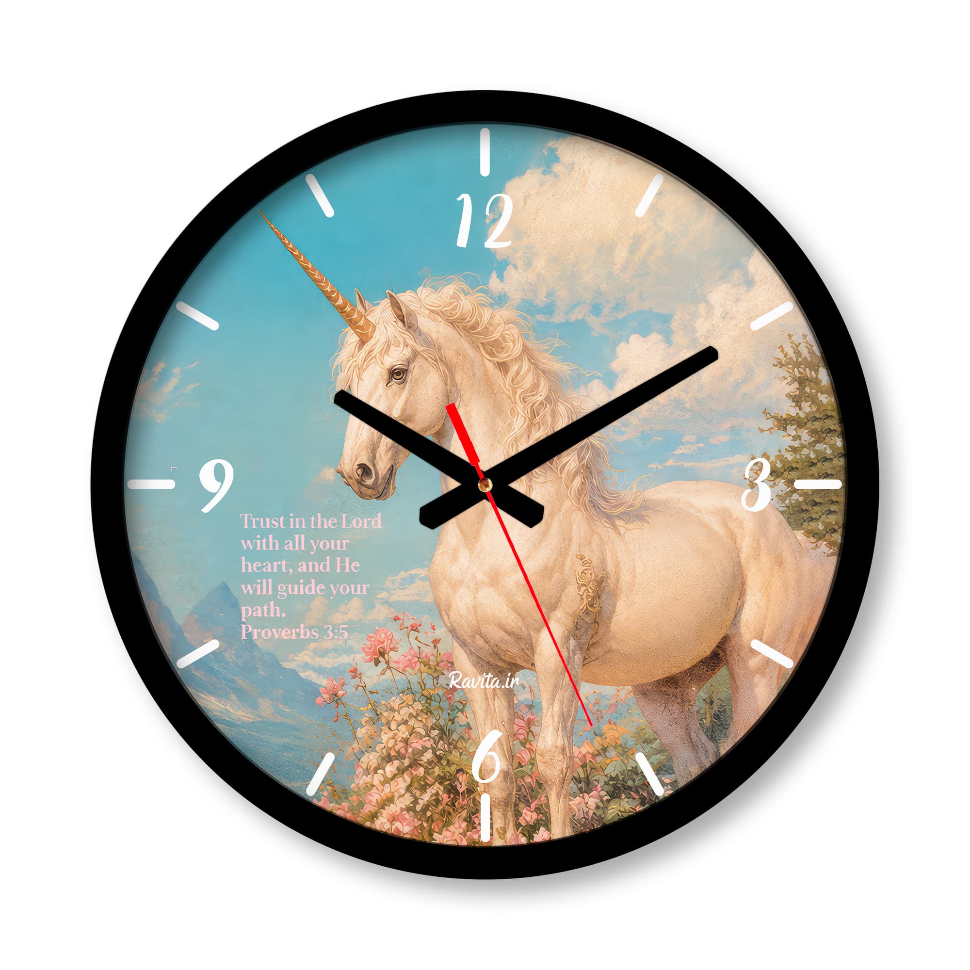 ساعت دیواری بزرگ راویتا طرح اسب تک‌شاخ در باغ گل ها – Unicorn in the Flower Garden کد 3964