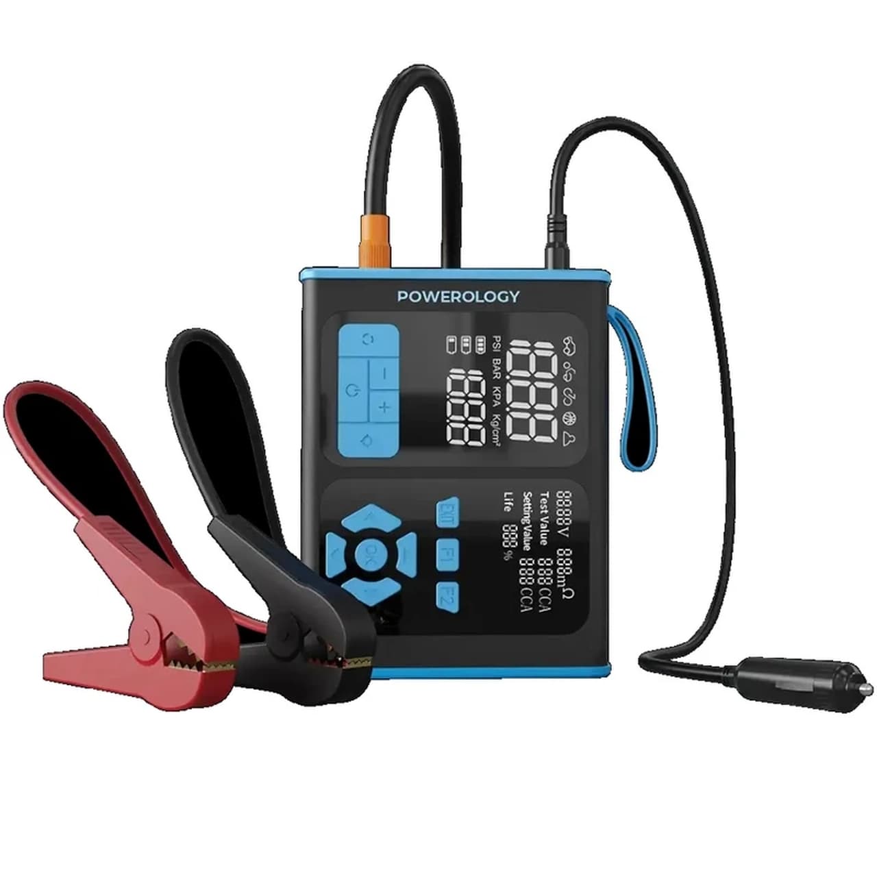 جامپ استارتر و پمپ باد تایر پاوربانک PD و فست شارژ Powerology 20W 15200mAh مدل PPBCHA95BKBU – مشکی آبی (گارانتی 6 ماهه شرکتی)
