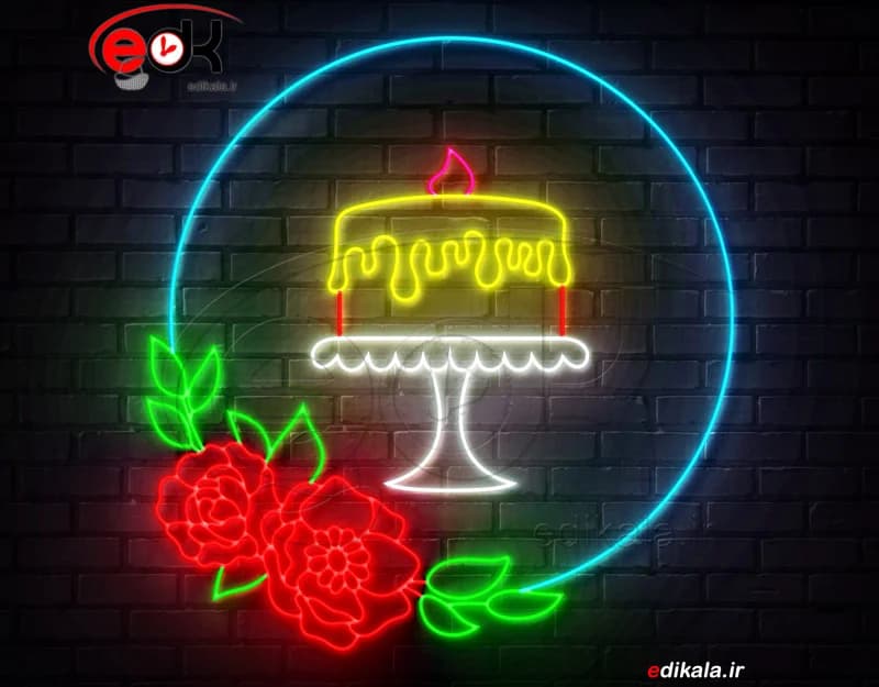 تابلو نئون طرح کیک و گل رز شماره 1 در ابعاد مختلف +آداپتور+ فایل لایه باز